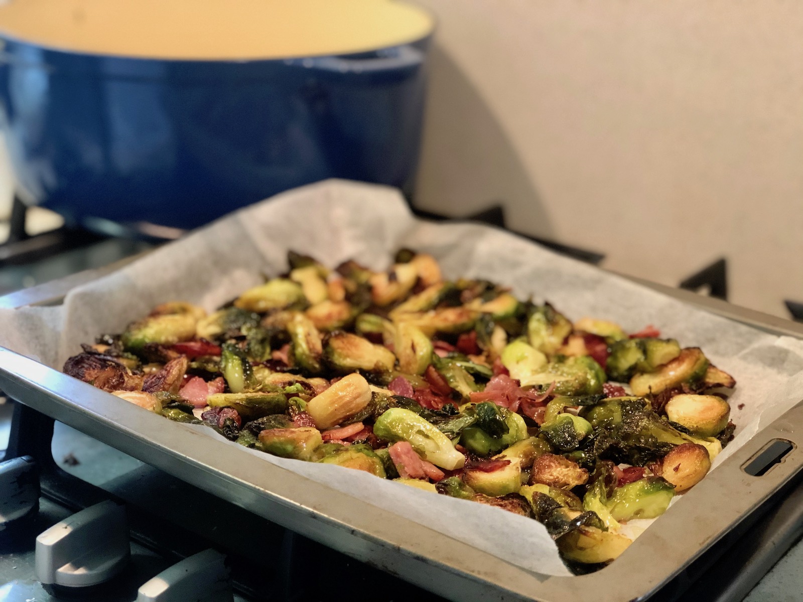 Roasted brussels sprouts with bacon and garlic recipe